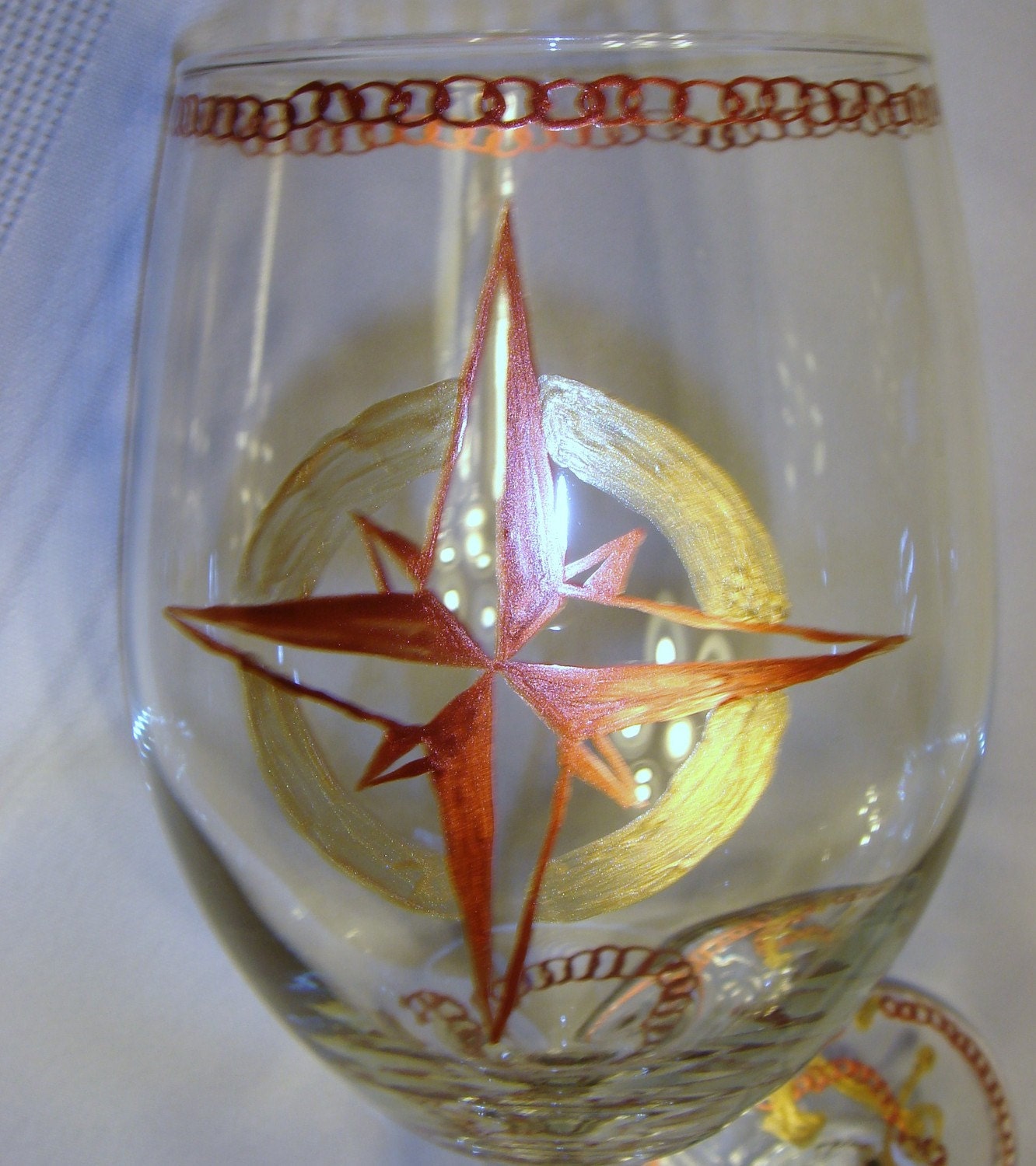 Wine Glass Nautical Compass Rose Anchor Hand Painted Sailors Gold Copper