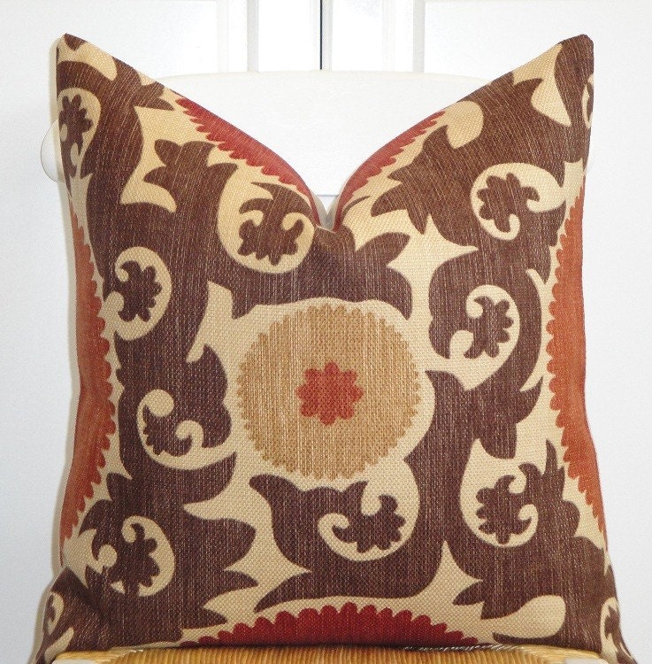 Beautiful Decorative Pillow Cover - 20x20 - Suzani Pattern - Throw Pillow - Accent Pillow - Brown - Dark Red - Rust