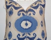 Decorative Pillow Cover - 20 x 20 - Throw Pillow - Accent Pillow - Blue - Natural - IKAT
