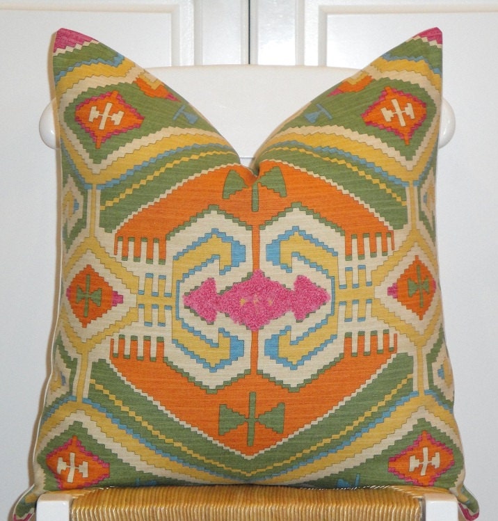 Beautiful Decorative Pillow Cover - 20 x 20 -  Southwest Embroidery - Throw Pillow - Accent Pillow - Green - Yellow - Orange - Raspberry