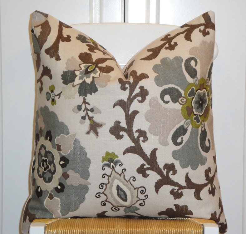 Beautiful Decorative Pillow Cover - 20 x 20 - Floral - Suzani - Steel Blue - Olive Green - Gray - Pewter - Black