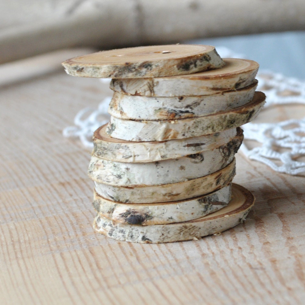 SALE - - - set of 9 BIRCH wooden buttons handmade from a tree branch wood... ooak...2 holes... 1 9/16 inch