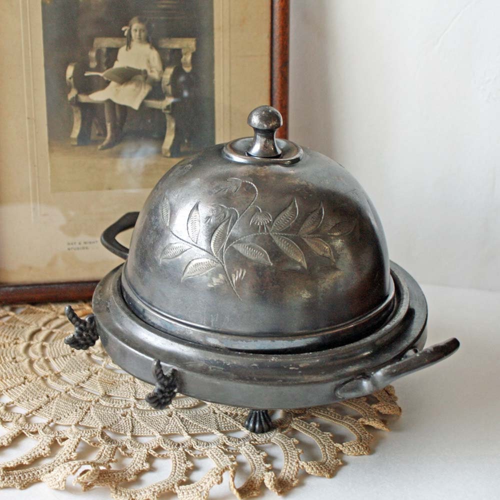Victorian Butter Dish Dome Cover 1800s Quadruple Silver Plate