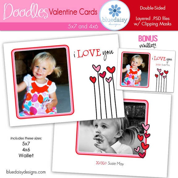 DOODLES Valentines Custom Photo Card  4x6 and 5x7 BONUS WALLET Size - Photographer Templates