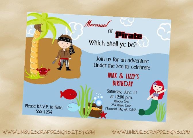 Mermaid & Pirate Birthday Party Invitation Style DI2125 DIGITAL FILE - Printable - by Unique Scrap Designs