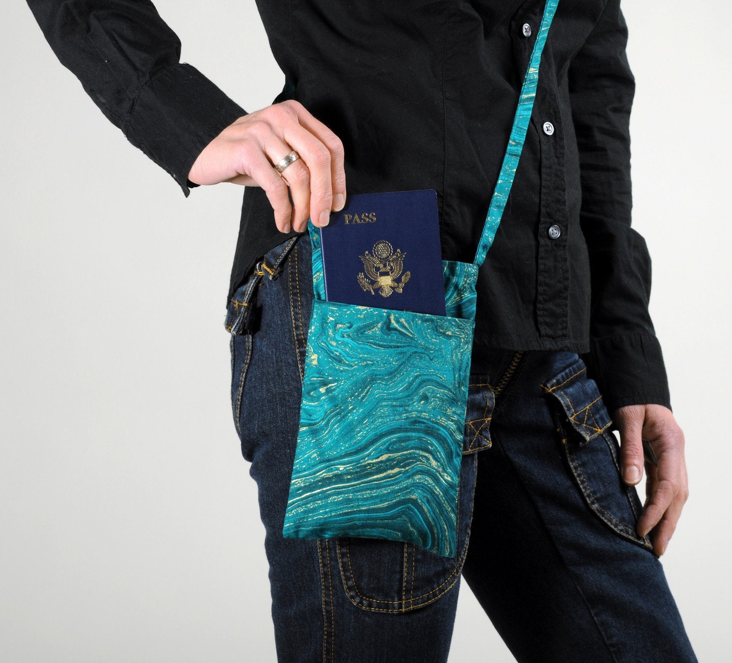 Shoulder Bag-Passport Bag-Marbled Blue Print