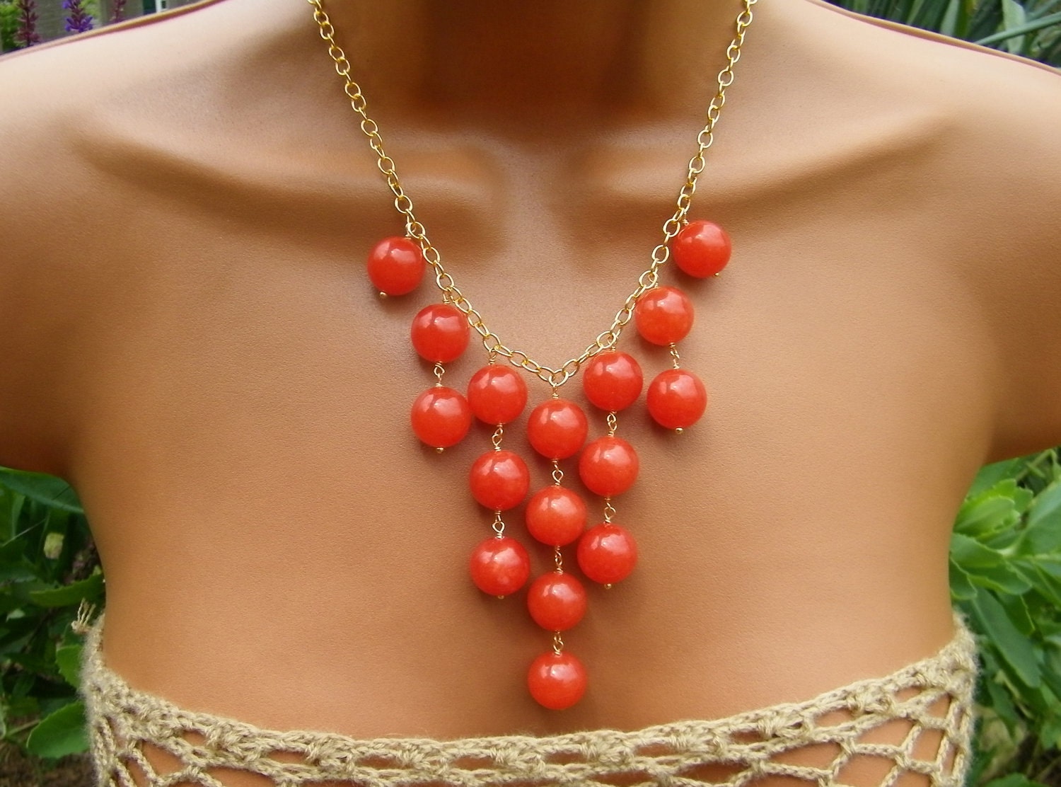 Tango tangerine bib Necklace. Orange jade tiered stone necklace. Autumn style.