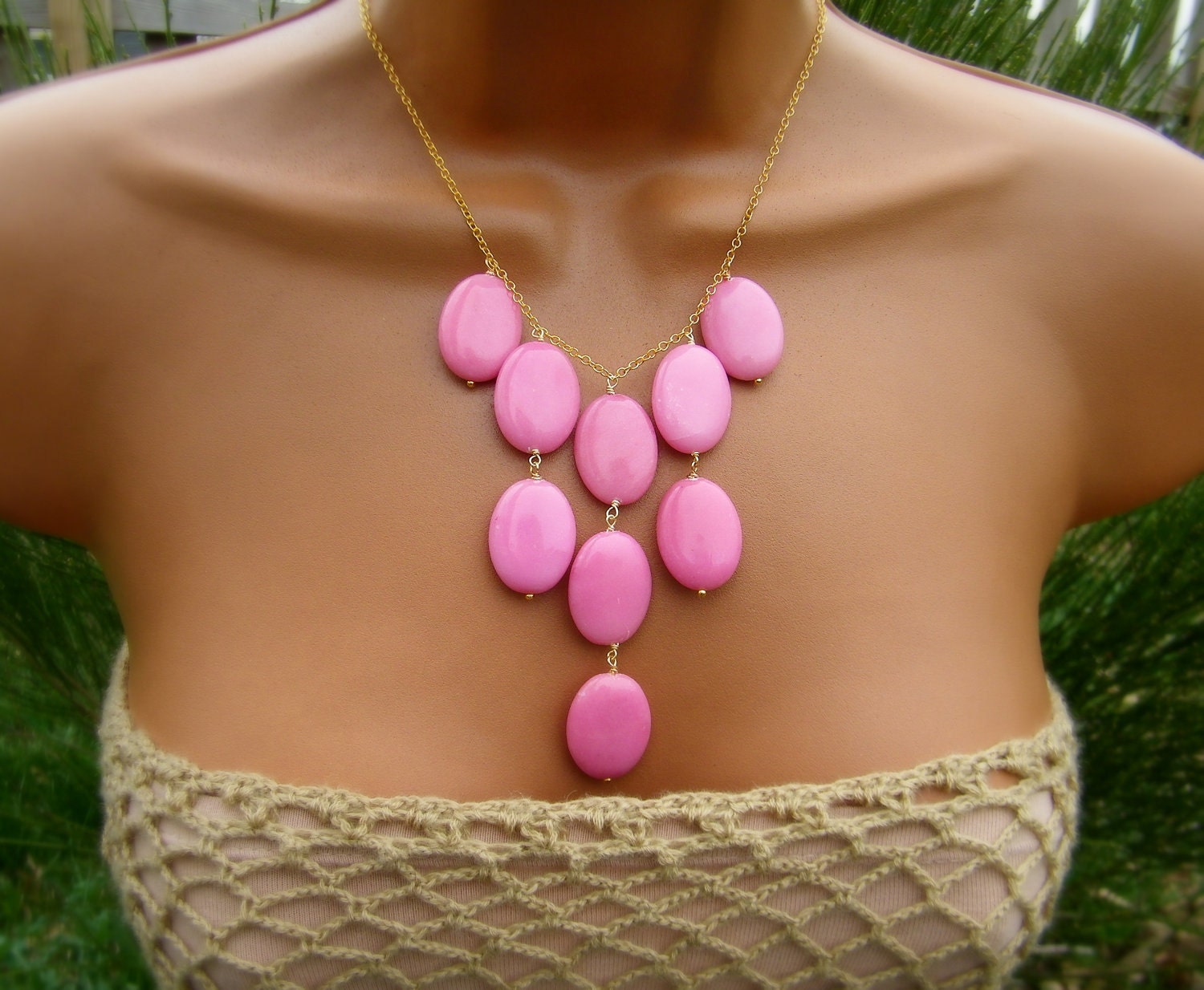 Pastel Pink Jade Bib Necklace. Lilly Pulitzer inspired. Bubblegum Pink Stone Bib Necklace on Gold. Spring Fashion.