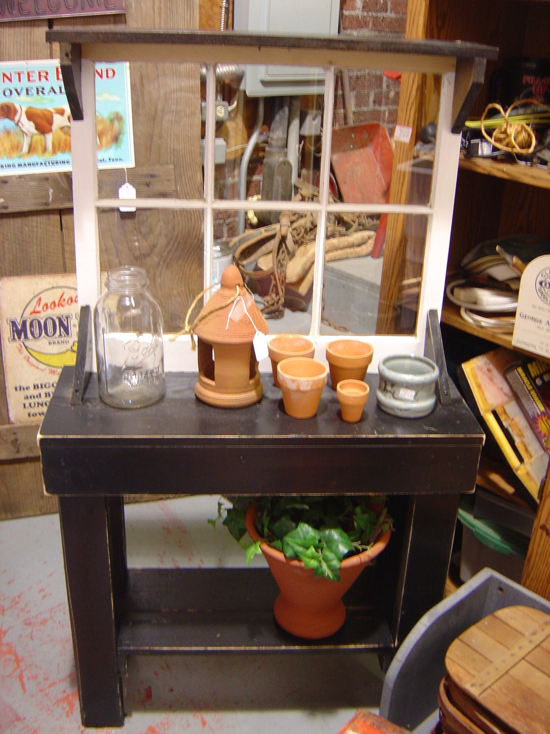 SALE - Reclaimed wood and window potting bench table shelf black and white classic look OOAK
