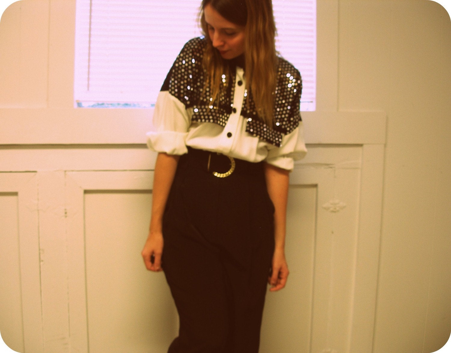 SALE Black and White Avant Garde Belted Harem Jumpsuit with Sequins