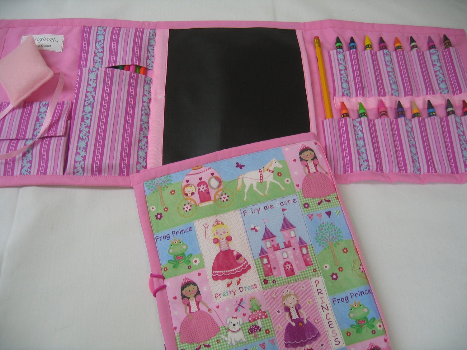 Castle and Princess Art Tote in a colorful print complete with chalkboard, chalk, eraser, paper, pencil, crayons, and colored pencils