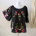 70s Black Boho Embroidered Top Vintage Angel Sleeve Mexican Hippie Blouse Size Large to X Large