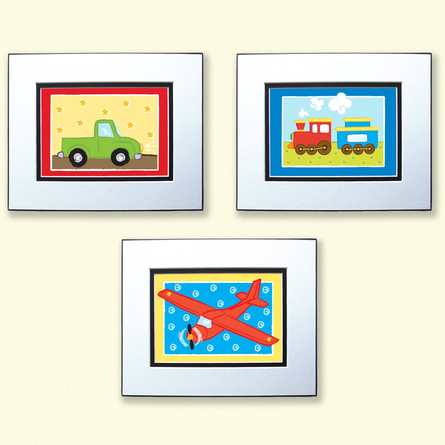 Art Prints for Boys, TRUCK PLANE TRAIN, Set of Three 5x7's, Wall Art for Boy Nursery, Transportation Theme Decor
