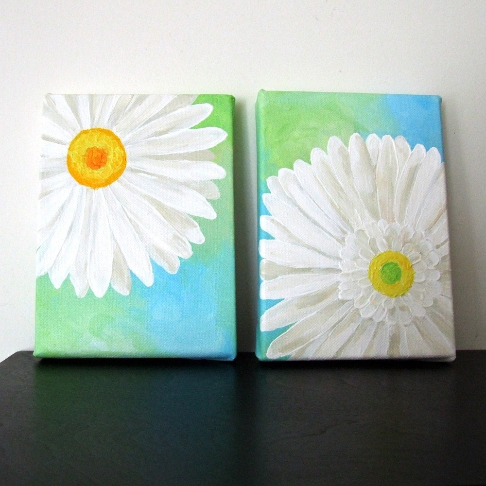 WHITE DAISY Set of Two 5x7 Orignal Paintings Acrylic on Canvas, Floral Wall Art for Small Spaces