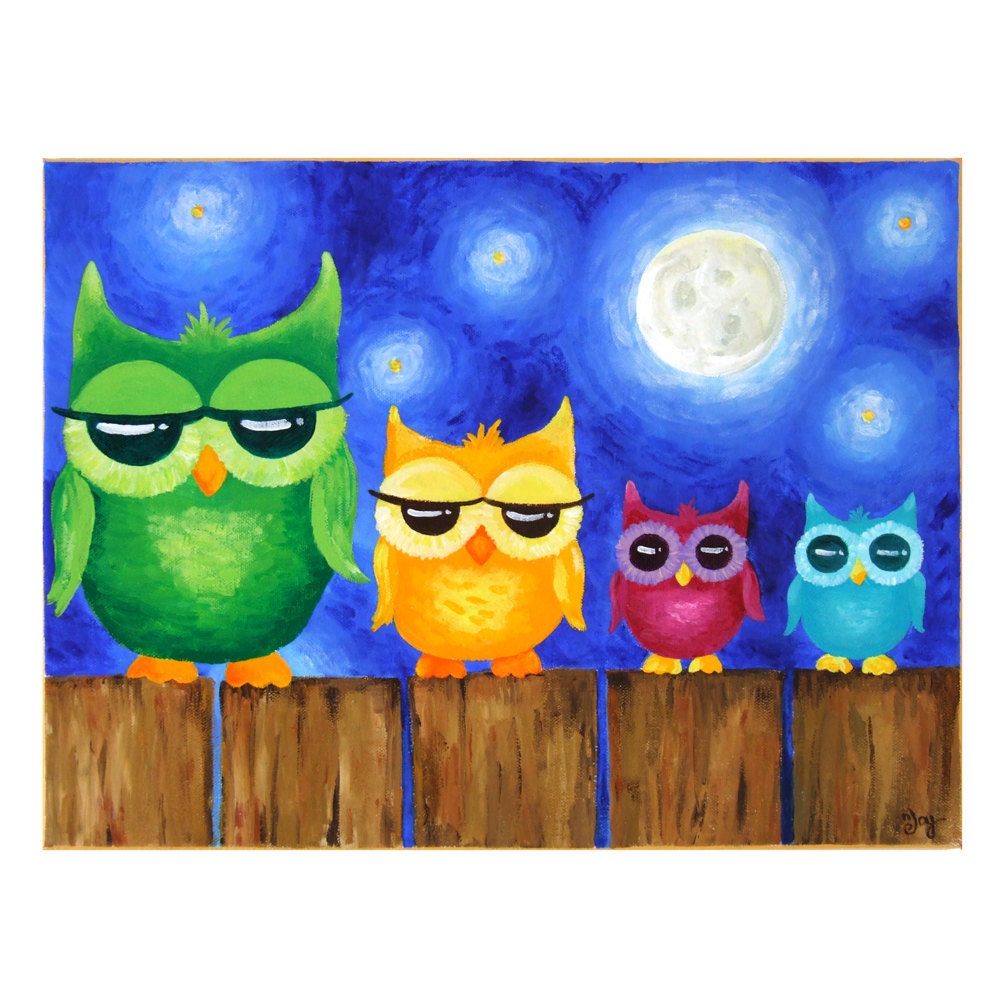 Original Painting, OWLS ON A FENCE, Whimsical art, Art for kids room, or nursery
