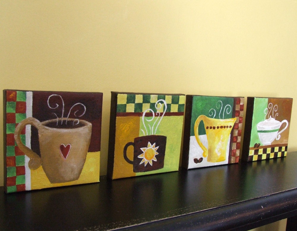 Original Painting, FOR the LOVE of COFFEE, Four 5"x5" acrylic on canvas, Home Decor, Coffee Art, Set of 4