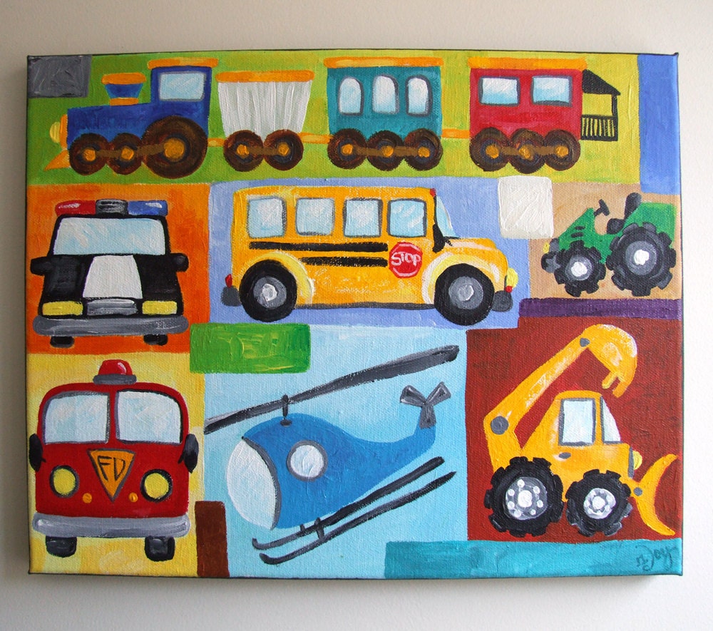 Custom Kids Wall Art, TRANSPORTATION COLLAGE, custom 24x18 canvas painting for boy room