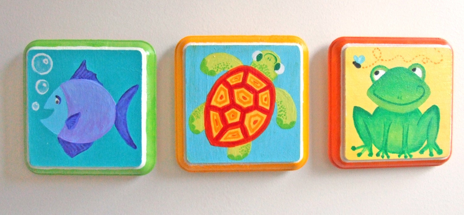 Art for Kids, FROG FISH TURTLE, Set of Three Handpainted 4x4 Plaques, Nursery Art, Kids Decor