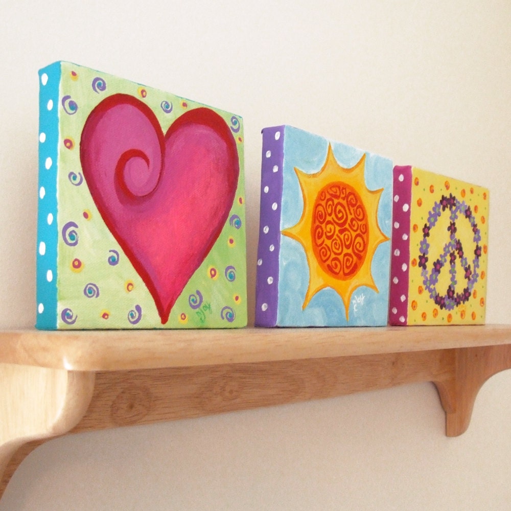 Girl's Room Decor PEACE LOVE & SUNSHINE, Three 5x5 acrylic canvas, Original Painting, Girls Room Wall Art, Nursery Decor, art for kids