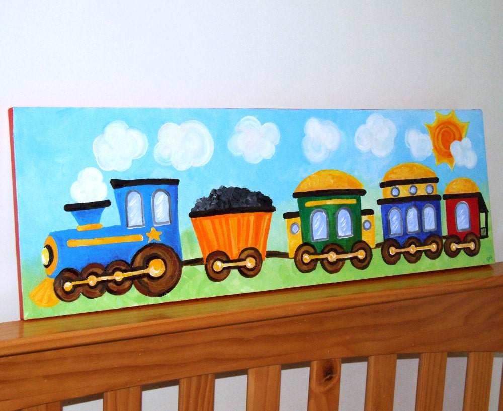 Train Art for Boys Nursery, TRAIN, 10x30 Canvas Painting for Childrens Room Decor