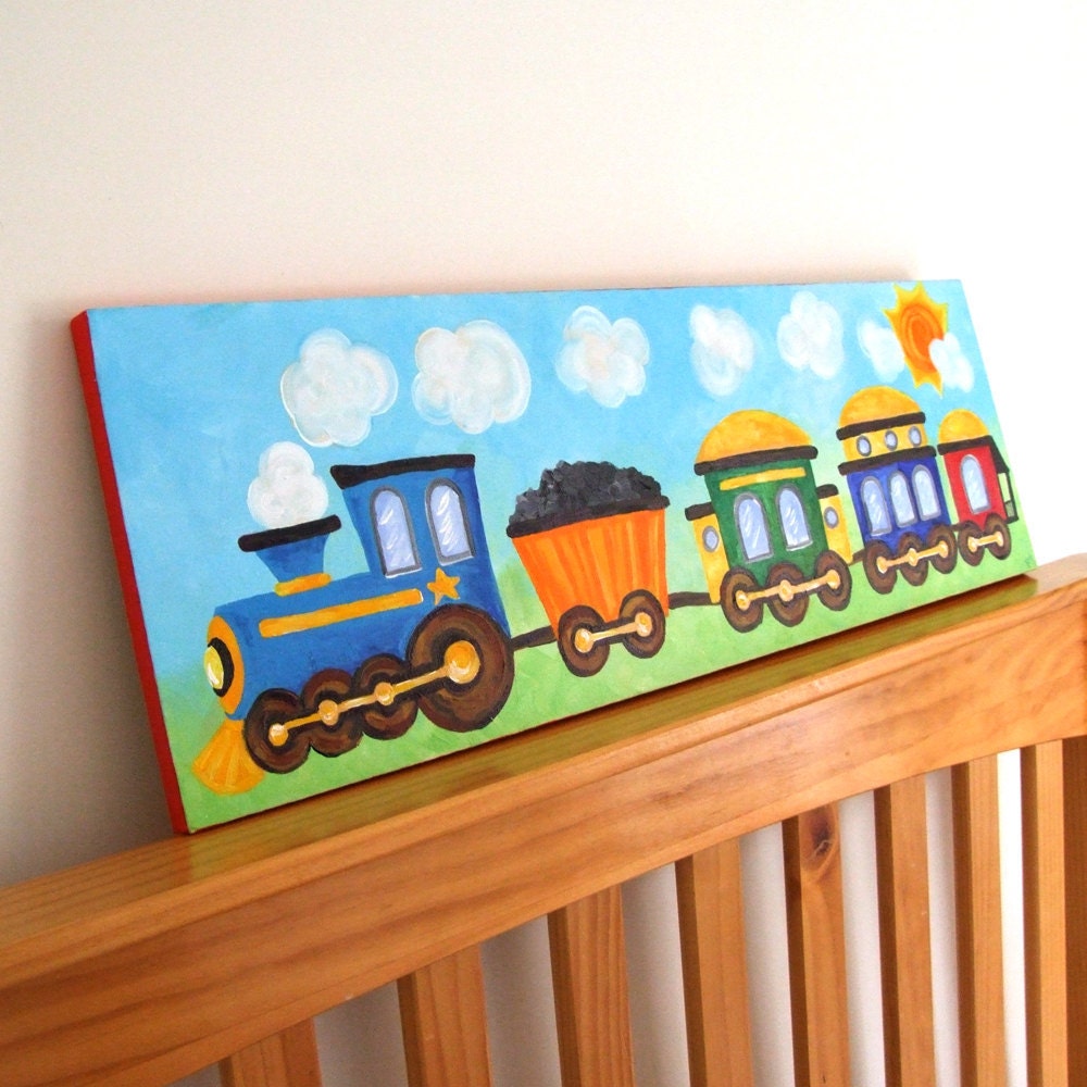 Train Art for Boys Nursery, TRAIN, 10x30 Canvas Painting for Childrens Room Decor