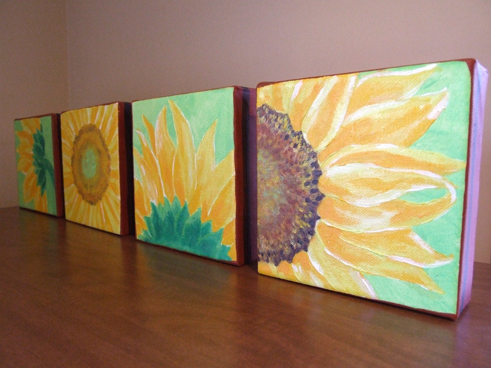 Original Painting, SUNFLOWERS, Four 6x6 acrylic canvas, Home Decor, Floral, Set of 4