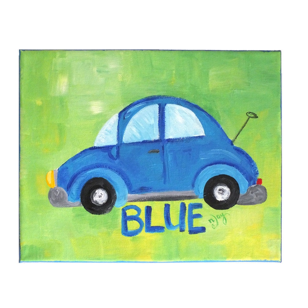 Wall Art for Children, COLORFUL CARS, Set of Three 8x10 original canvas paintings, Red, Yellow and Blue Car Art for kids rooms.