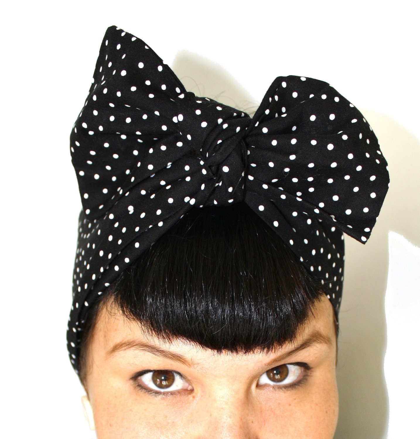 Bow hair tie, Vintage Inspired Head Scarf, Black with POLKA dots, Rockabilly, Retro, 1940s,1950s - OhHoneyHush