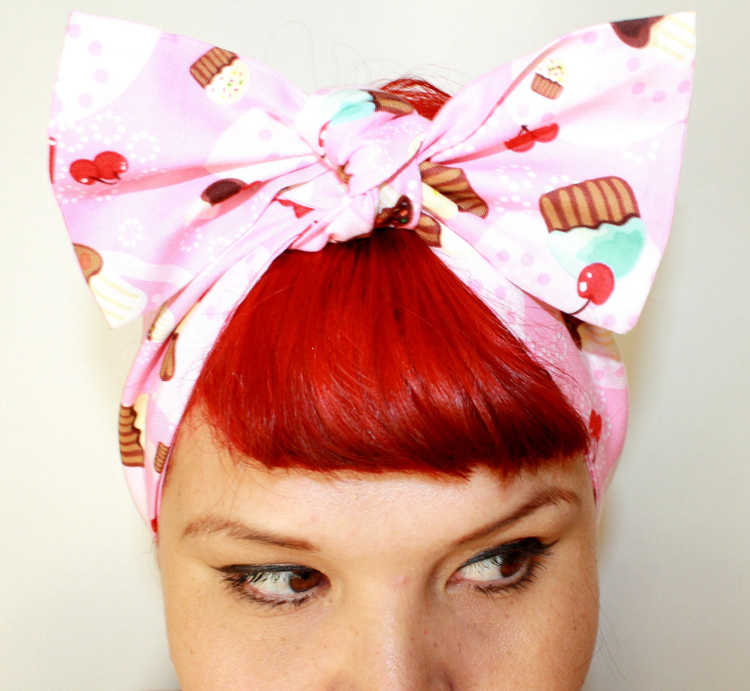 Bow style, Vintage Inspired Head Scarf, Cupcakes and Cherries, Rockabilly, Retro
