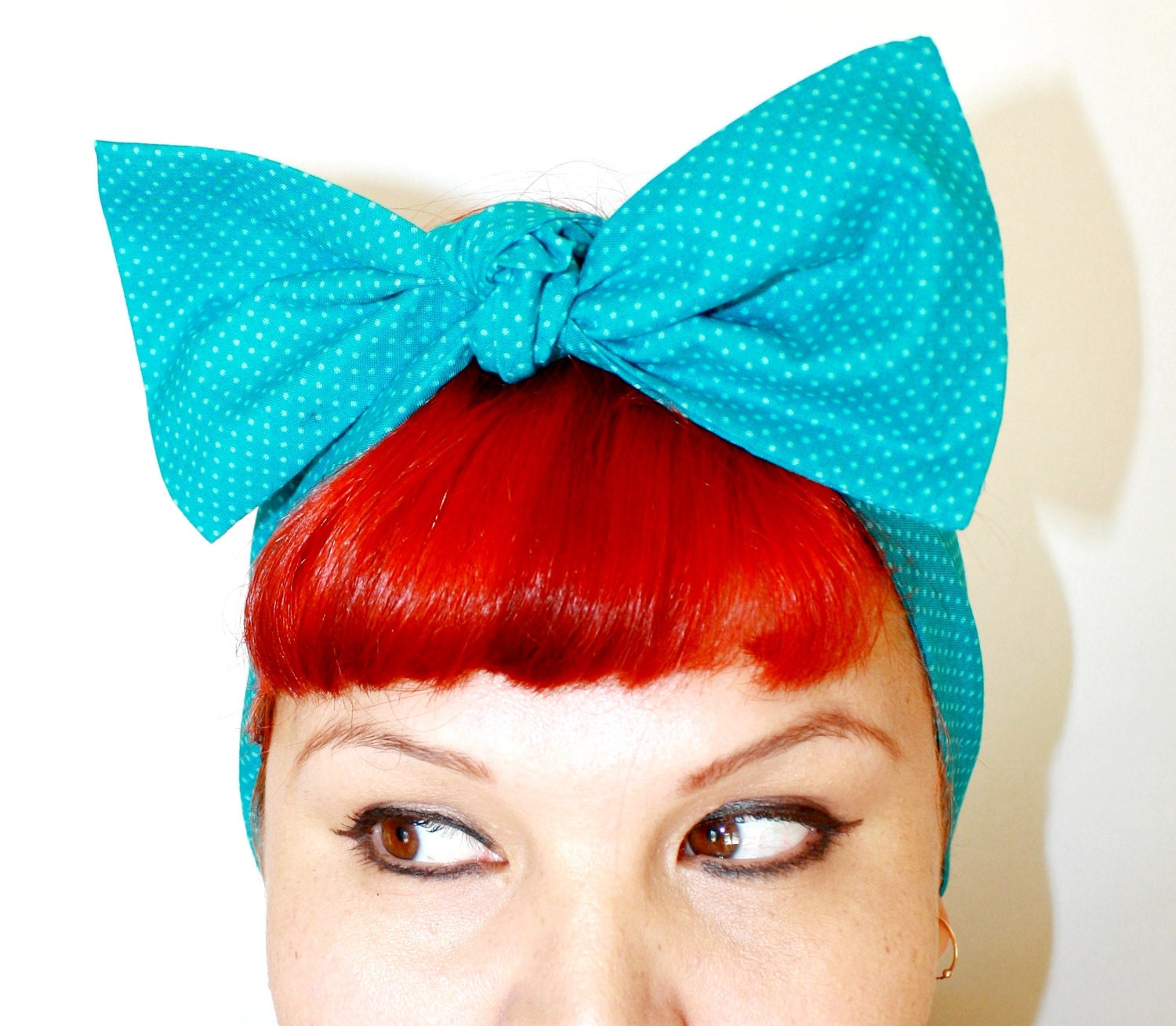 Bow style, Vintage Inspired Head Scarf, Turquoise polka dots, Rockabilly, Retro, 1950s, 1940s