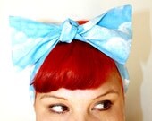 Bow style, Vintage Inspired Head Scarf, Clouds, Sky Blue, Summer time, Retro