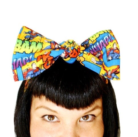 Bow style, Vintage Inspired Head Scarf, Super Man, Super Hero, Marvel, Comic Book, Bam, Whap, Krack
