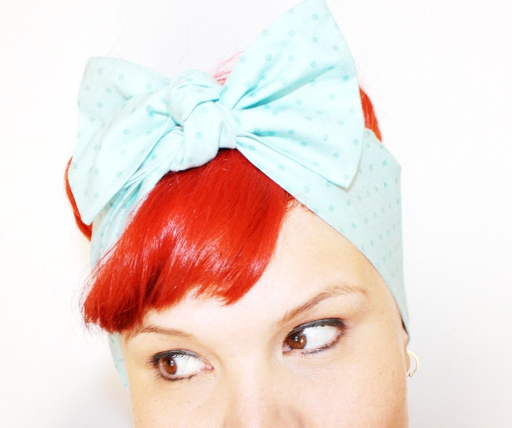 Bow hair tie, Vintage Inspired Head Scarf, Powder Blue, Polka Dots, Rockabilly, Retro, 1940s, 1950s