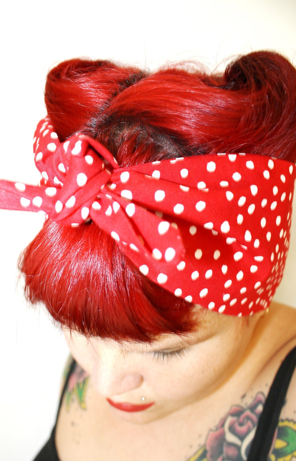 Vintage Inspired Head Scarf, Bandana Style, Red with Dots, Rockabilly, Retro
