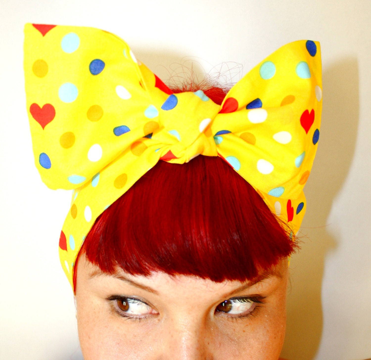 Vintage Inspired Head Scarf, Bow or Bandanna Style, Dots and Hearts, Rockabilly, Retro