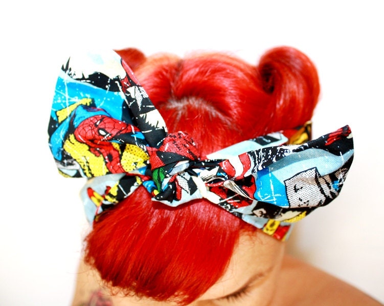 Bow hair tie, Vintage Inspired Head Scarf, Comic book, The Avengers, Thor, Iron Man, The Hulk,