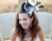Top Hat : Black and White Stripes, Mini, French Net , Feathers - Oh my Fair Lady