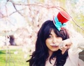 Red and aqua party hat, headpiece fascinator, hair bow headband, cocktail hat: Lulu