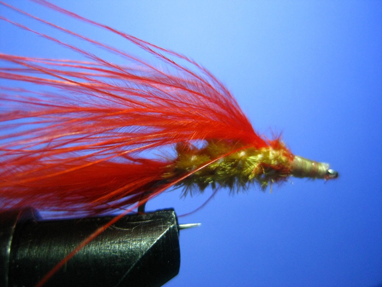 fly fishing streamer, tan chenille, orange feathers