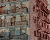 Drawing of a building, 5.5x11.5 print, grey and pink wall art