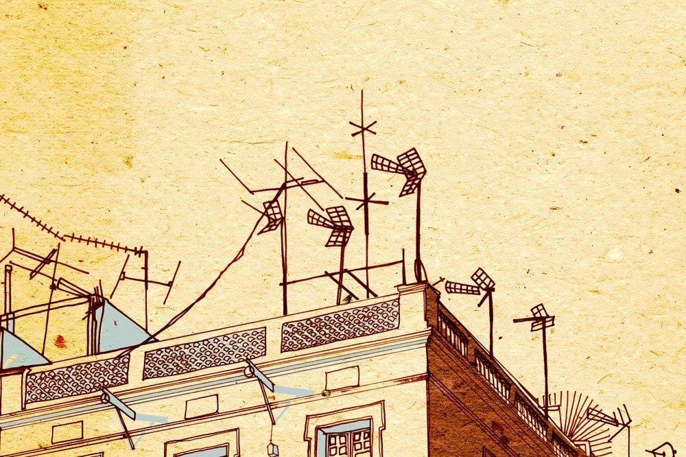 Print - House in Barcelona, from my original drawing, 5.5x11.5, yellow sky