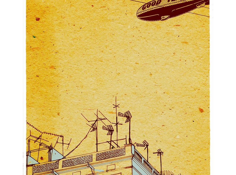 Print from original drawing, yellow sky over blue house, 5.5x11.5