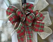 Christmas  Red and Green plaid bows set on Gold mesh ribbon Wedding/ Pew Bow