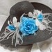Ladies Floppy Black Straw Hat Blue flowers white feathers Kentucky Derby Hat /Easter/Beachsize M/L