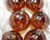 set of 6 hand blown amber  glass Ornaments