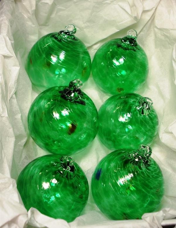 set of 6 hand blown green Glass Ornaments