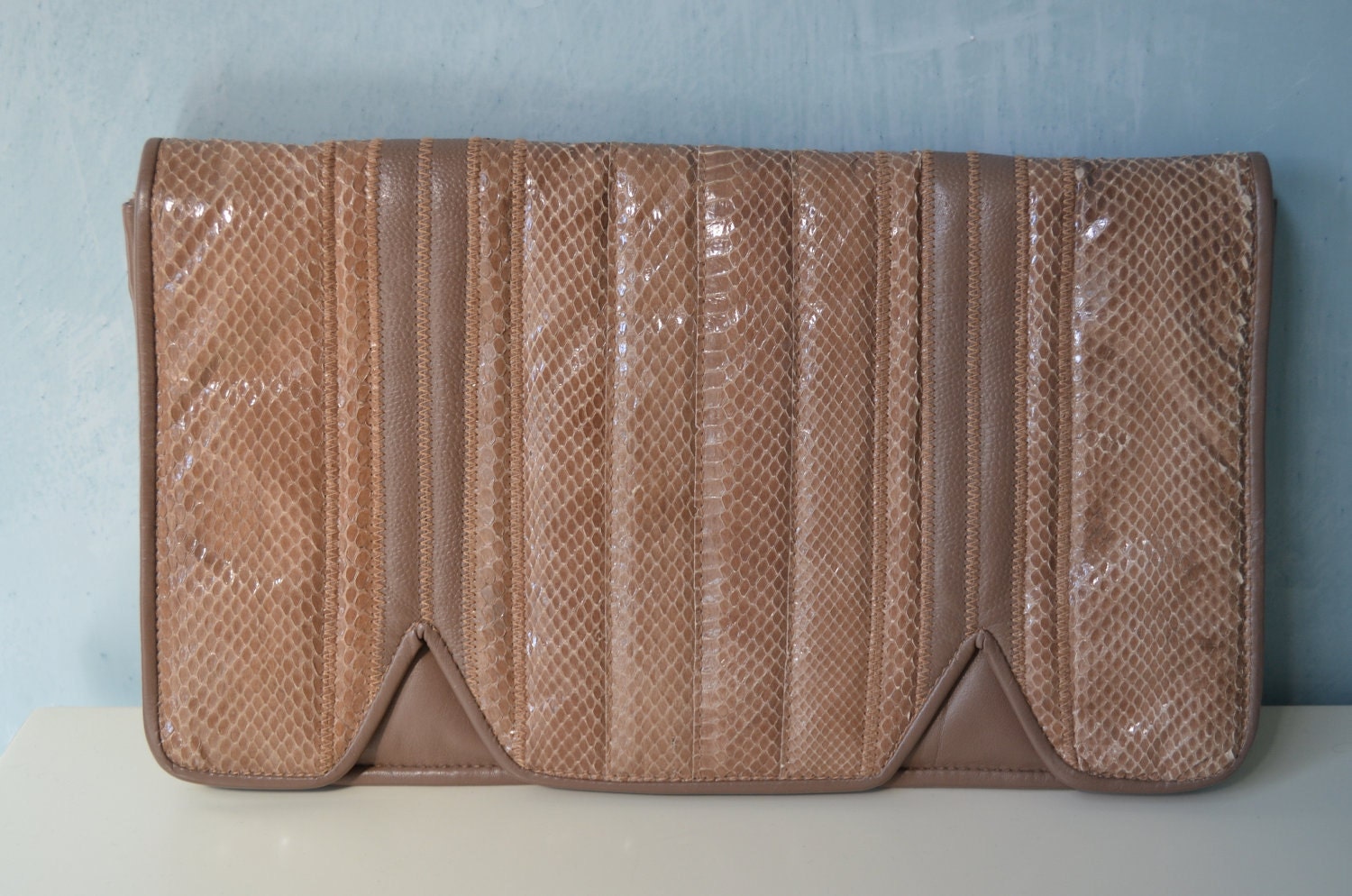 80s Aspects Mauve Leather Snakeskin Envelope Clutch Handbag