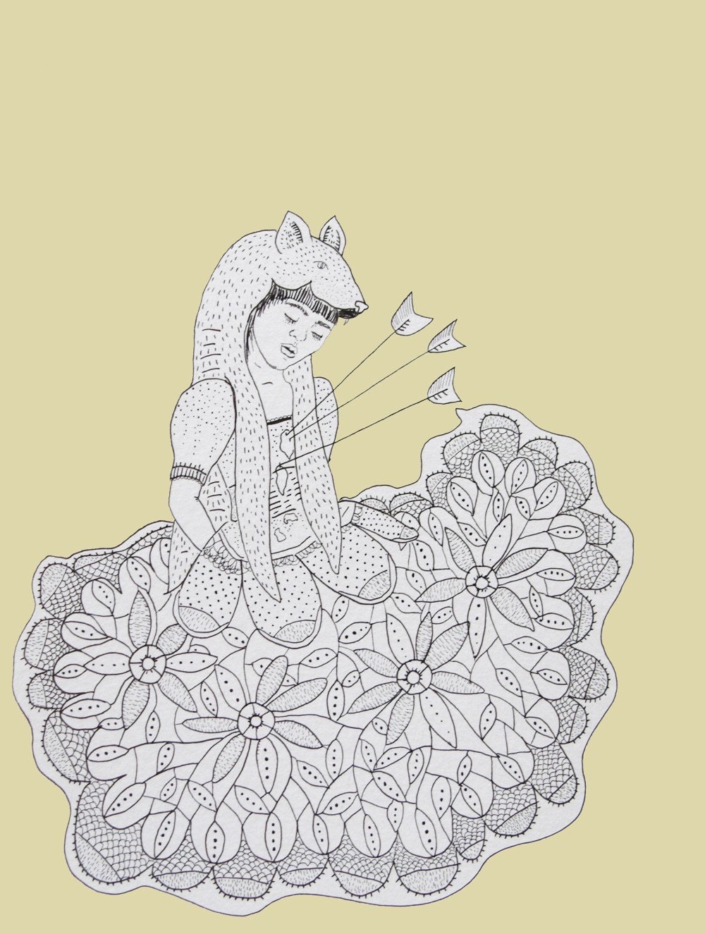 Customizable Print, Girl in lace dress and wolf costume shot with arrows