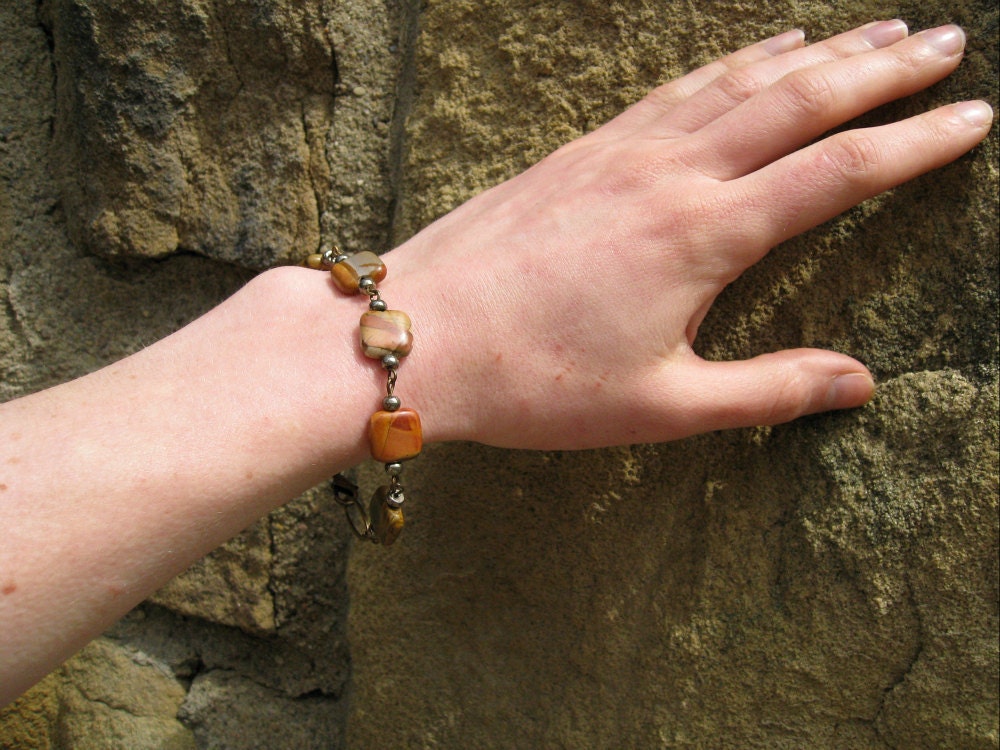 Picasso Jasper Bracelet, jasper and pyrite beads on antiqued brass wire, rustic