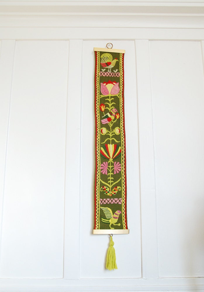 Vintage Green Emroidered Bell Pull with Brass Hardware-  Bird and Floral Theme